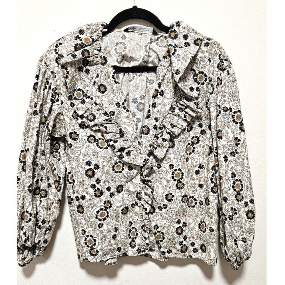 Zara Cream Floral Ruffle Neck Tie Blouse S